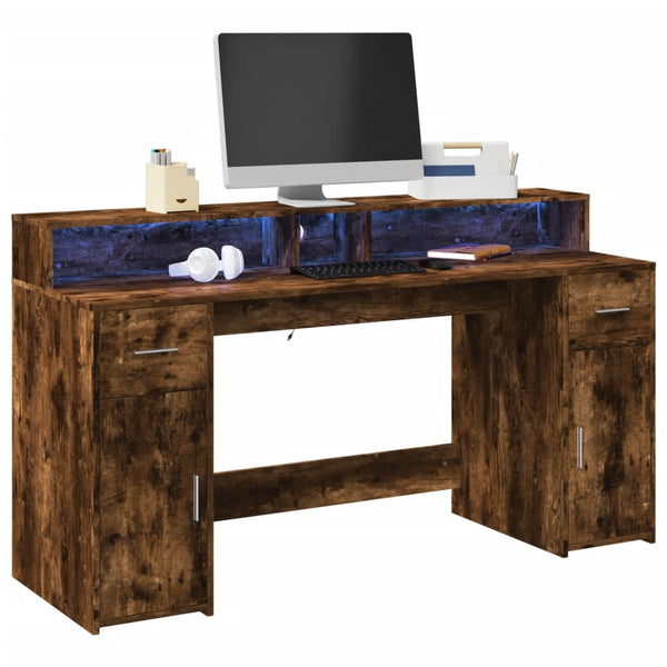 vidaXL LED Desk Smoked Oak 160x55x91 cm Engineered Wood
