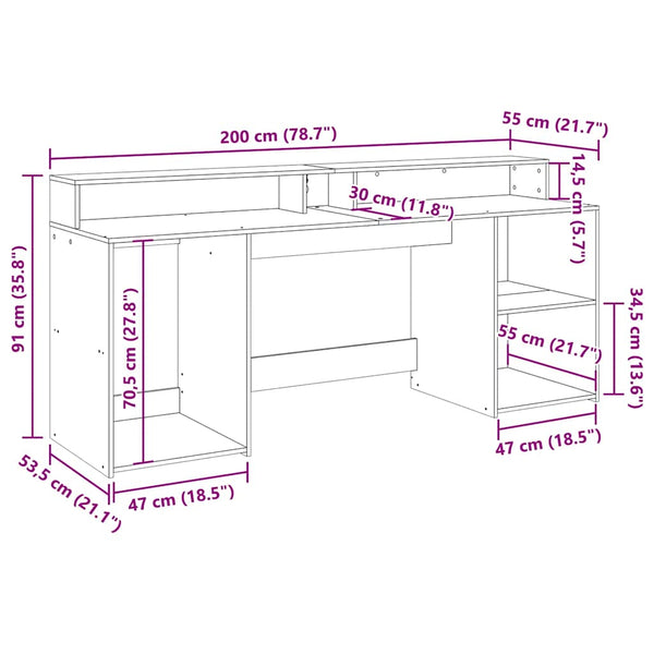 vidaXL LED Desk Black 200x55x91 cm Engineered Wood