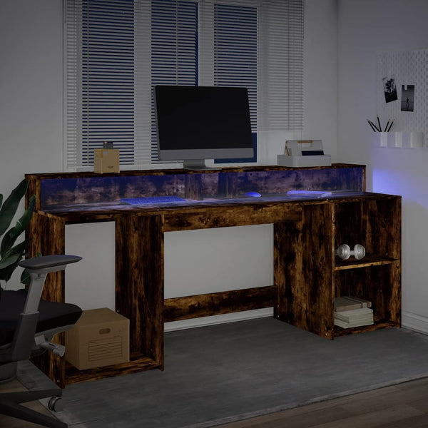 vidaXL LED Desk Smoked Oak 200x55x91 cm Engineered Wood