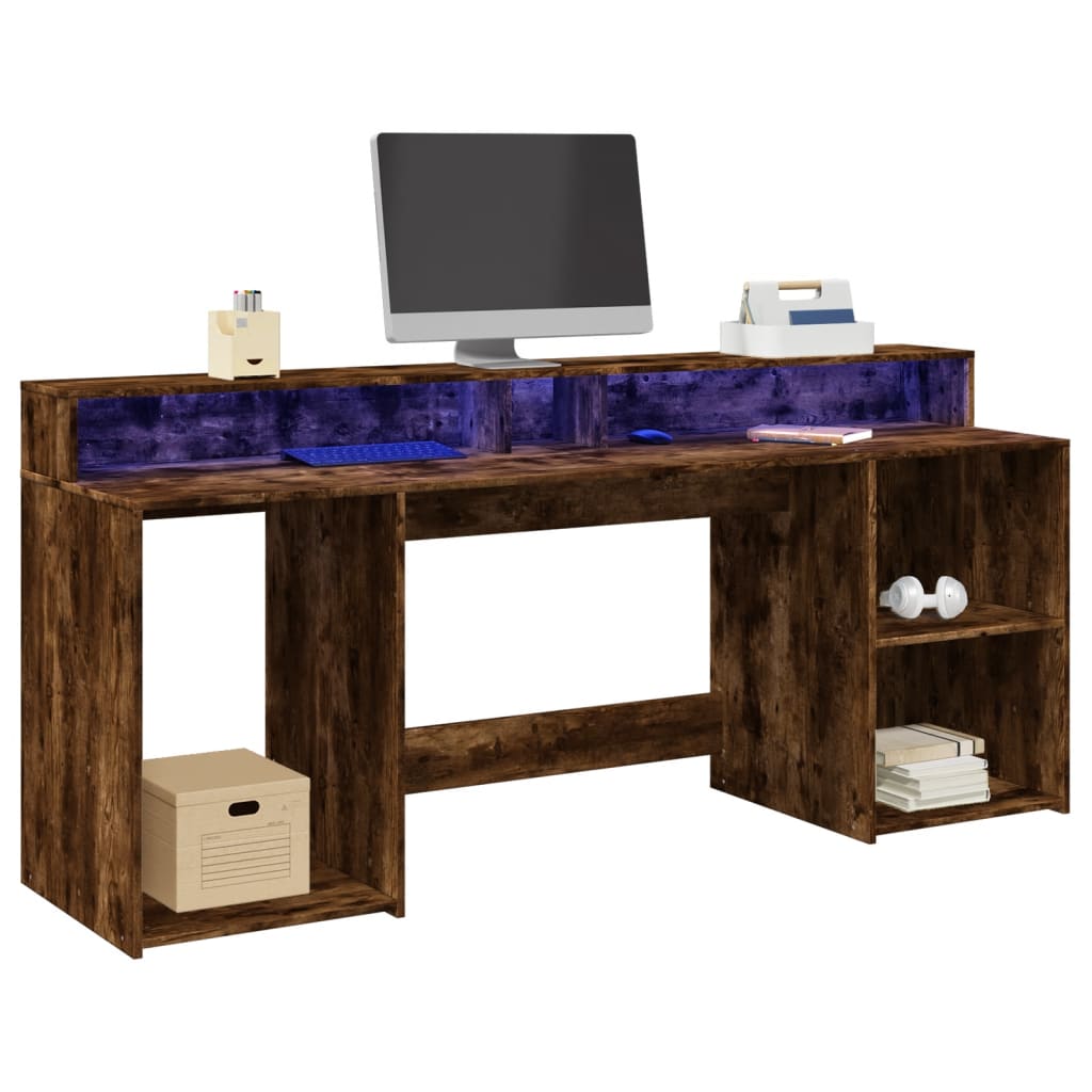 vidaXL LED Desk Smoked Oak 200x55x91 cm Engineered Wood