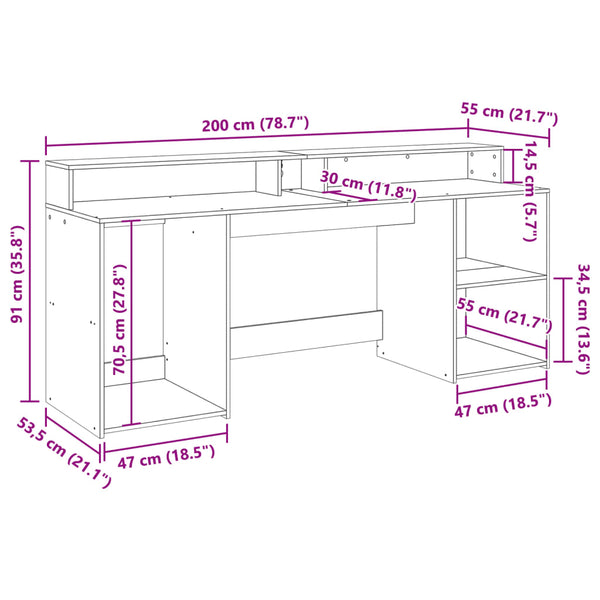 vidaXL LED Desk Brown Oak-Look 200x55x91 Engineered Wood