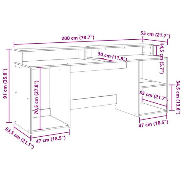 vidaXL LED Desk Reclaimed Wood Look 200x55x91 cm Engineered Wood