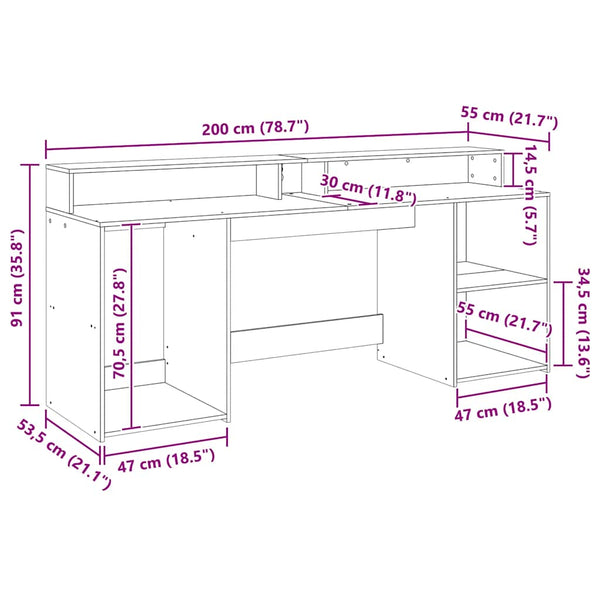 vidaXL LED Desk Artisan Oak 200x55x91 Engineered Wood