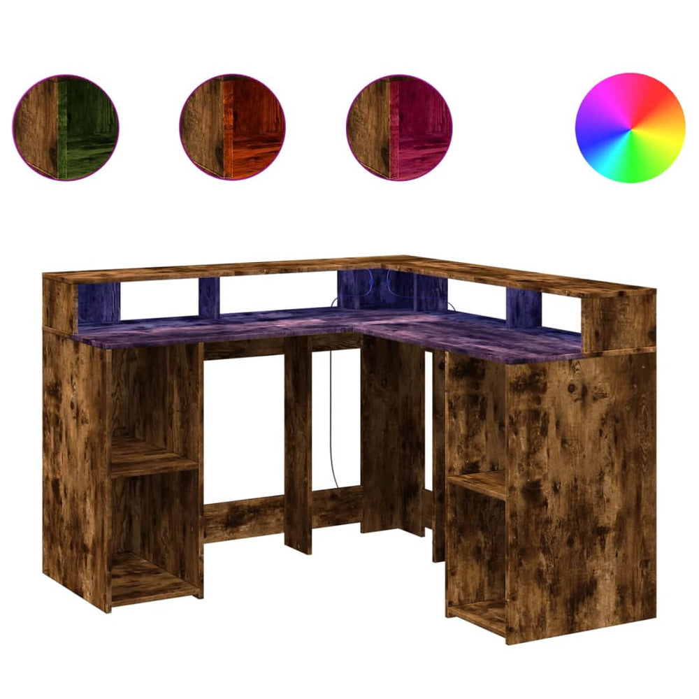 vidaXL LED Corner Desk Smoked Oak 130x130x91 cm Engineered Wood