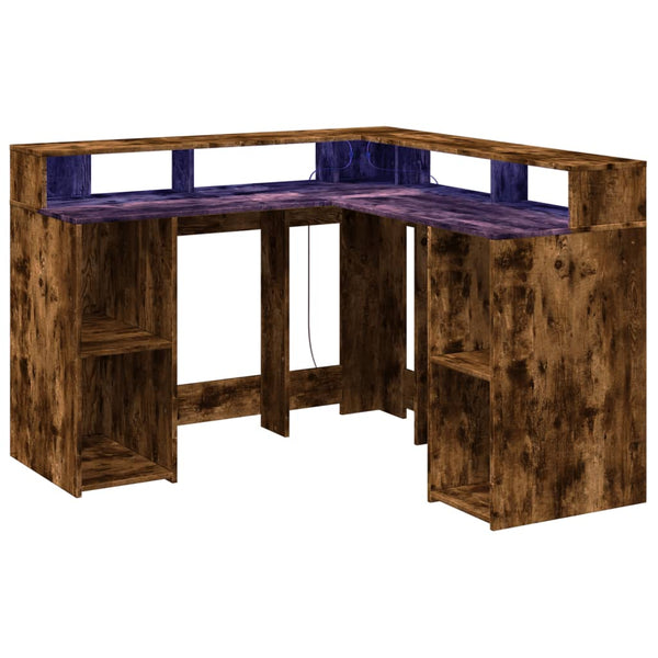 vidaXL LED Corner Desk Smoked Oak 130x130x91 cm Engineered Wood