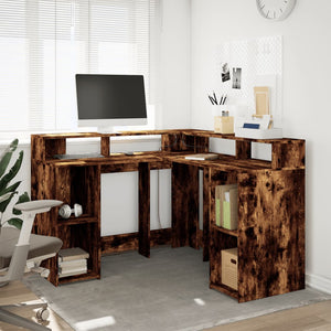vidaXL LED Corner Desk Smoked Oak 130x130x91 cm Engineered Wood