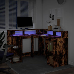 vidaXL LED Corner Desk Smoked Oak 130x130x91 cm Engineered Wood
