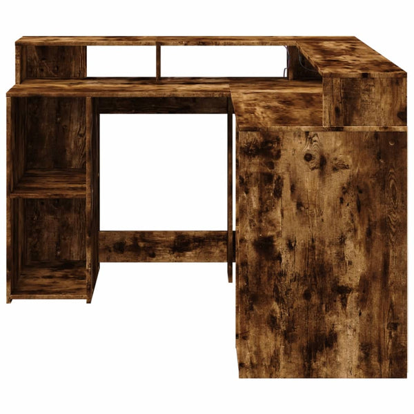 vidaXL LED Corner Desk Smoked Oak 130x130x91 cm Engineered Wood