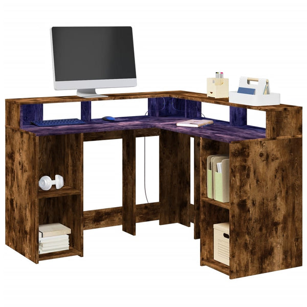 vidaXL LED Corner Desk Smoked Oak 130x130x91 cm Engineered Wood
