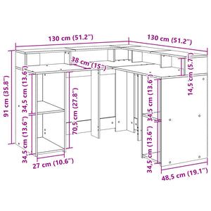 vidaXL LED Desk Grey Sonoma 130x130x91 cm Engineered Wood