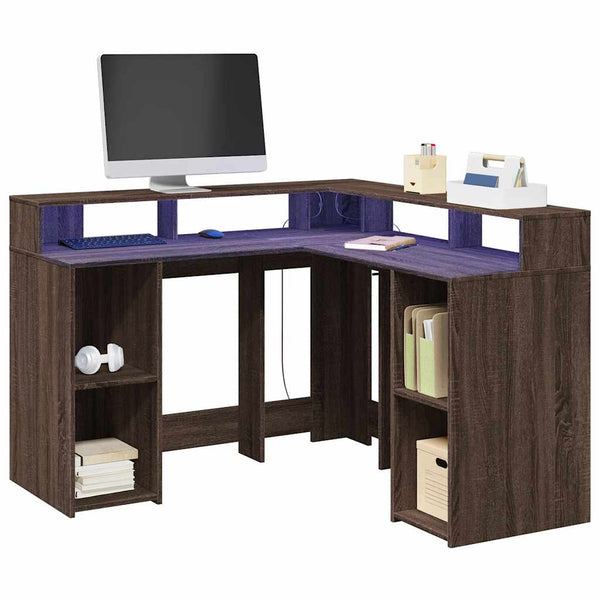 vidaXL LED Desk Brown Oak Look 130x130x91 Engineered Wood