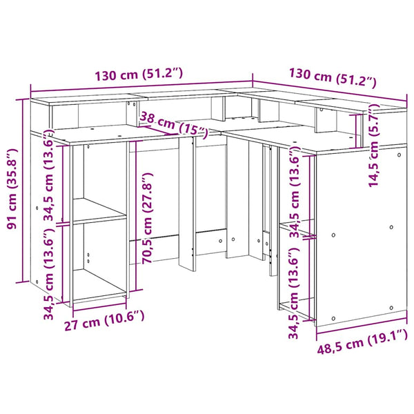 vidaXL LED Desk Artisan Oak 130x130x91 Engineered Wood