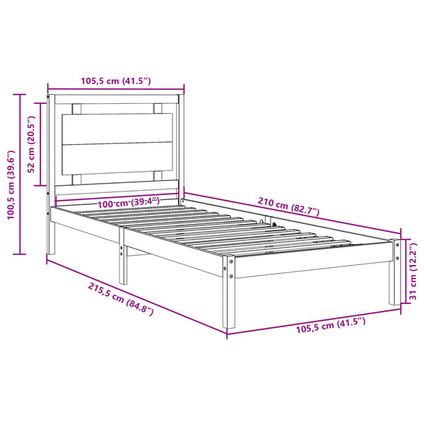 vidaXL Solid Wood Bed Extra Long without Mattress 100x210 cm