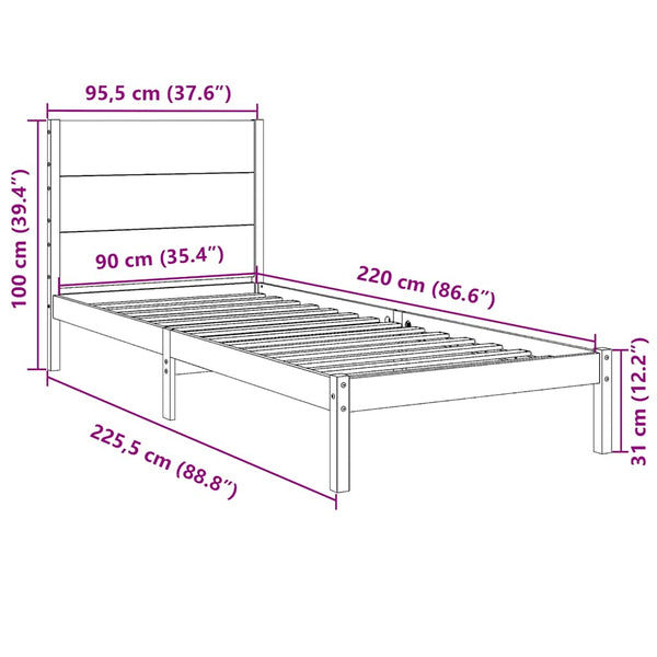 vidaXL Solid Wood Bed Extra Long without Mattress 90x220 cm