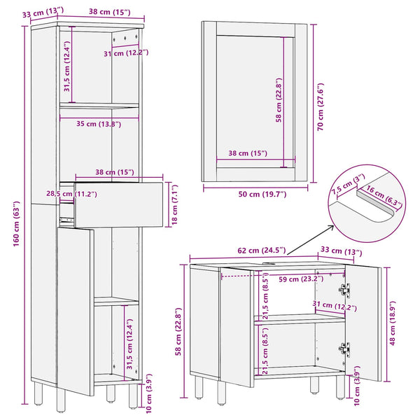 vidaXL Bathroom Furniture Set 3 pcs Acacia Brown Winish Solid Mango Wood