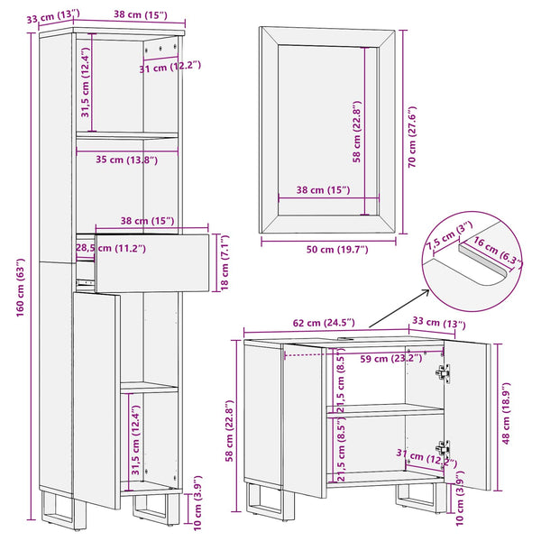 vidaXL Bathroom Furniture Sets with Drawers 3 pcs Natural Solid Mango Wood