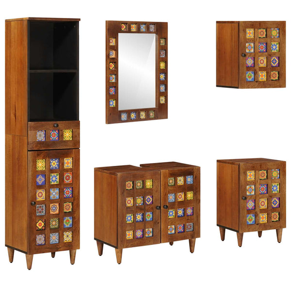 Badezimmermöbel Set mit Regal 5-teilig Walnuss Mango