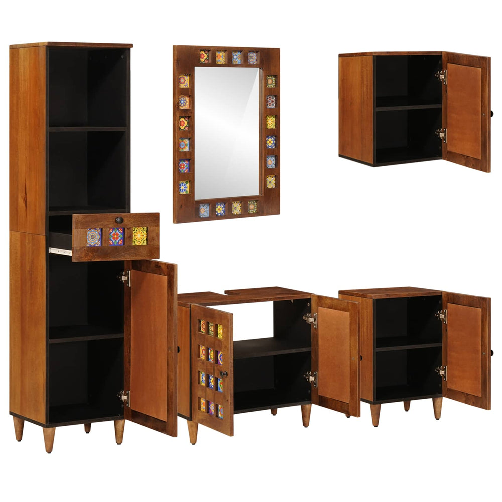 Badezimmermöbel Set mit Regal 5-teilig Walnuss Mango