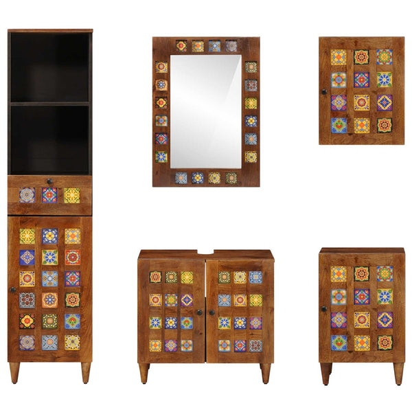 Badezimmermöbel Set mit Regal 5-teilig Walnuss Mango