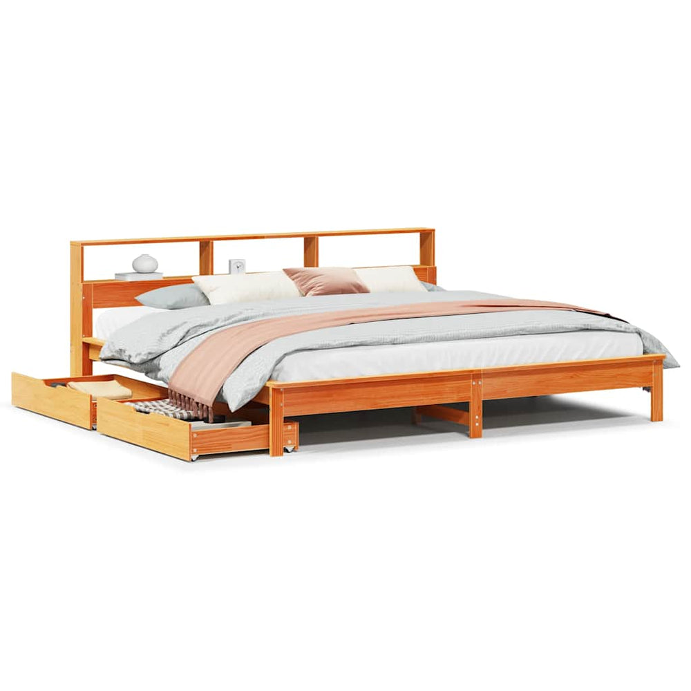 vidaXL Solid Wood Bed with Storage Shelf without Mattress Wax Brown 180x200 cm
