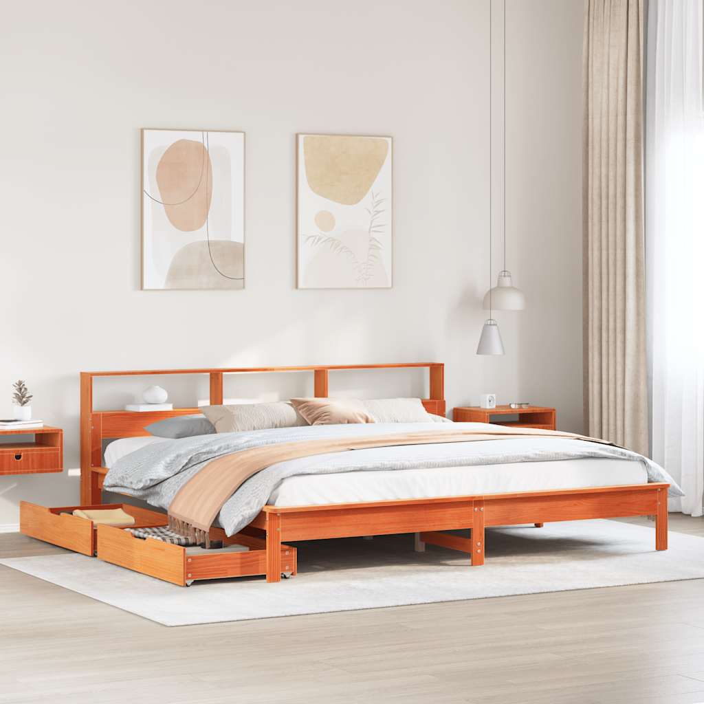vidaXL Solid Wood Bed with Storage Shelf without Mattress Wax Brown 180x200 cm