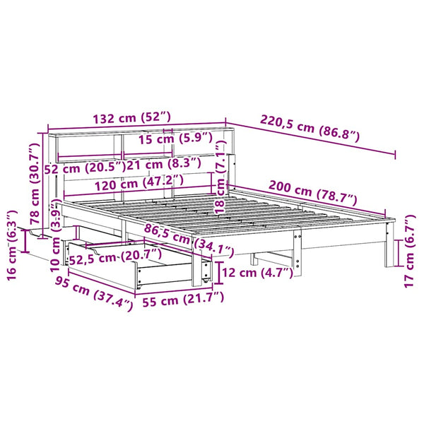 vidaXL Solid Wood Bed with Shelf without Mattress 120x200 cm Pine