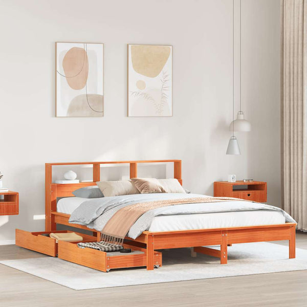 vidaXL Solid Wood Bed with Storage Headboard without Mattress Wax Brown 120x200 cm