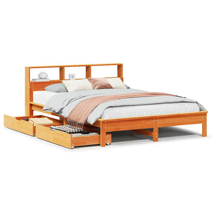 vidaXL Solid Wood Bed with Shelf without Mattress Waxed Brown 120x190 cm
