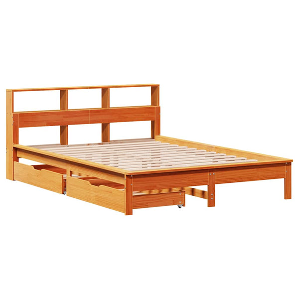 vidaXL Solid Wood Bed with Shelf without Mattress Waxed Brown 120x190 cm