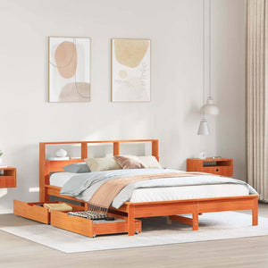 vidaXL Solid Wood Bed with Shelf without Mattress Waxed Brown 120x190 cm