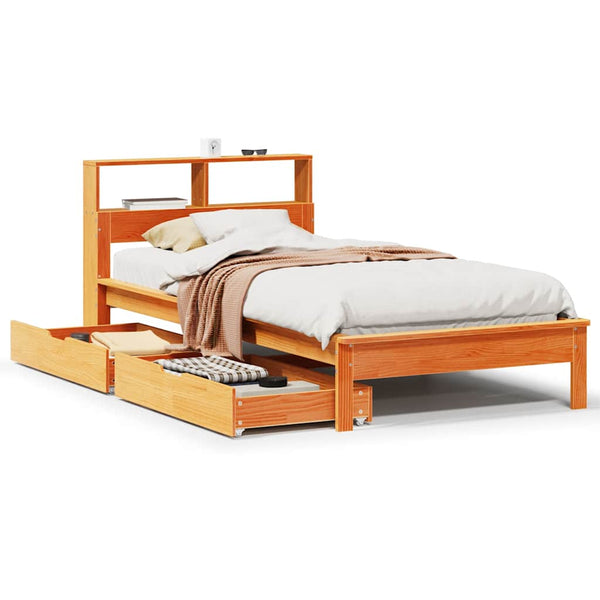 vidaXL Solid Wood Bed with Shelf without Mattress Wax Brown 90x190 cm
