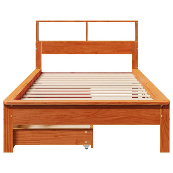 vidaXL Solid Wood Bed with Shelf without Mattress Wax Brown 90x190 cm