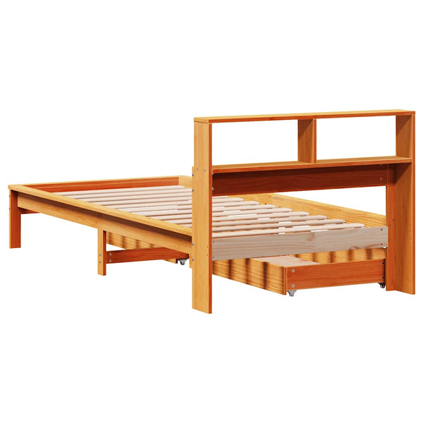 vidaXL Solid Wood Bed with Shelf without Mattress Wax Brown 90x190 cm