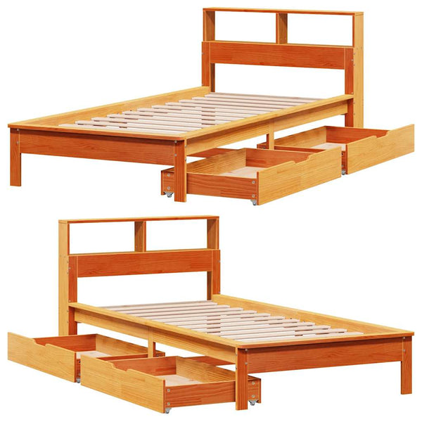 vidaXL Solid Wood Bed with Shelf without Mattress Wax Brown 90x190 cm