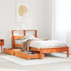 vidaXL Solid Wood Bed with Shelf without Mattress Wax Brown 90x190 cm