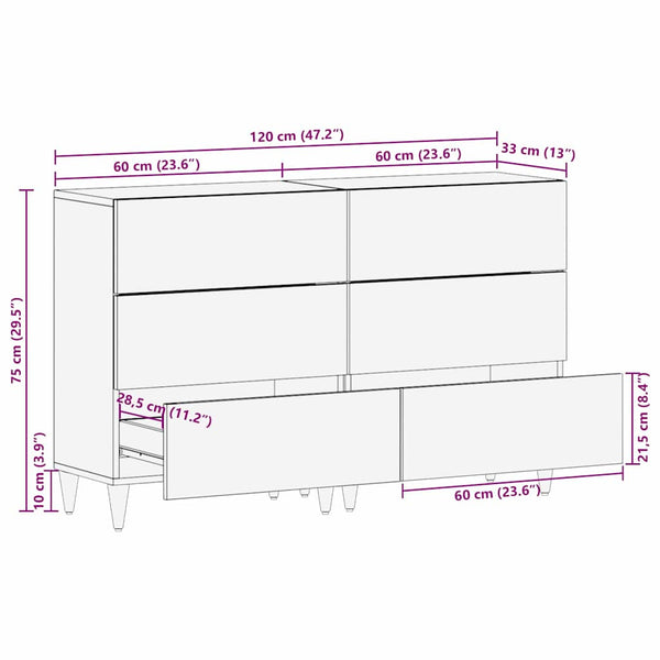 vidaXL Sideboard with Shelf 2 pcs Grey 60 x 33 x 75 cm Solid Mango Wood