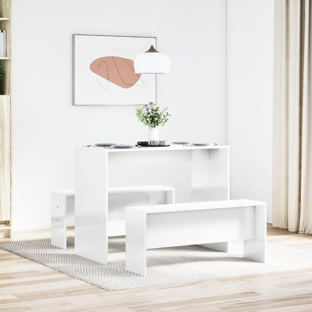 vidaXL 3-Piece Dining Table and Bench Set High Gloss White Engineered Wood