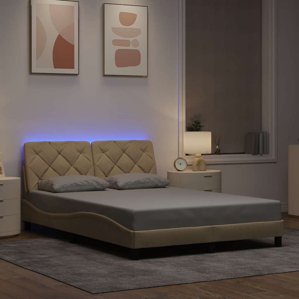 vidaXL LED Bed Frame without Mattress Cream 140x190 cm Fabric
