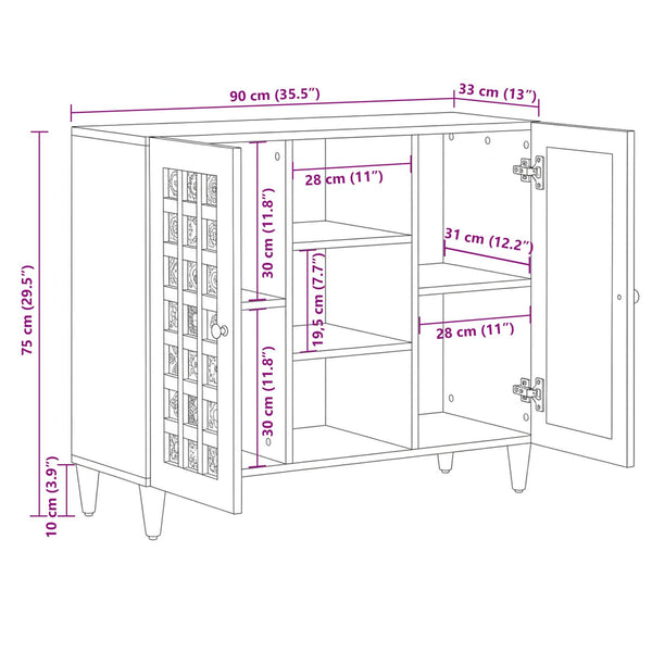 vidaXL Sideboard with Shelf Walnut 90 x 33.5 x 75 cm Solid Mango Wood