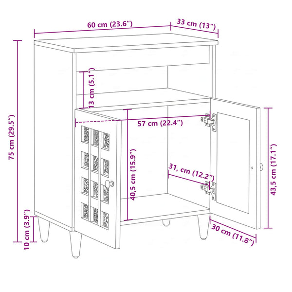 vidaXL Sideboard with Storage Natural 60 x 33.5 x 75 cm Solid Mango Wood