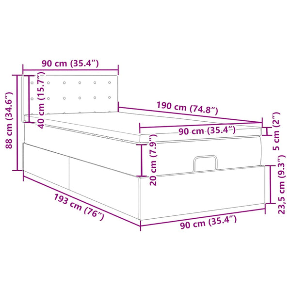 Ottoman Bett 90x190 cm mit Matratze & LED