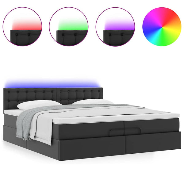 Ottoman Bett mit Matratze & LEDs 200x200 cm Kunstleder Schwarz