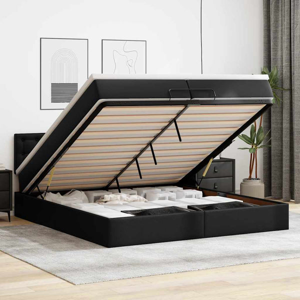 Ottoman Bett mit Matratze & LEDs 200x200 cm Kunstleder Schwarz