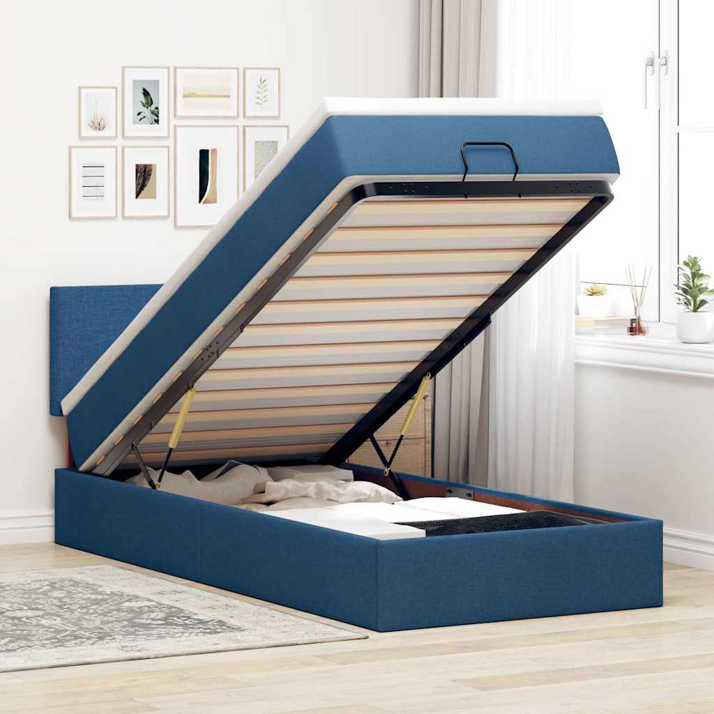 vidaXL Ottoman Bed with Mattress & LEDs Blue 90x190 cm Fabric