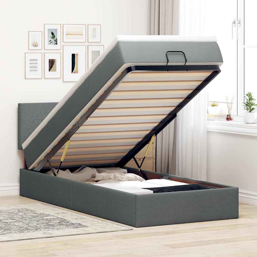vidaXL Ottoman Bed with Mattress & LEDs Dark Grey 90x200 cm Fabric