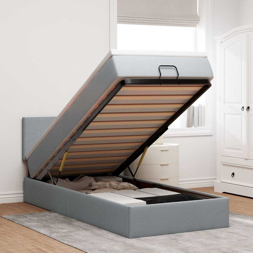 vidaXL Ottoman Bed with Mattress & LED Lights Light Grey 100x200 cm Fabric