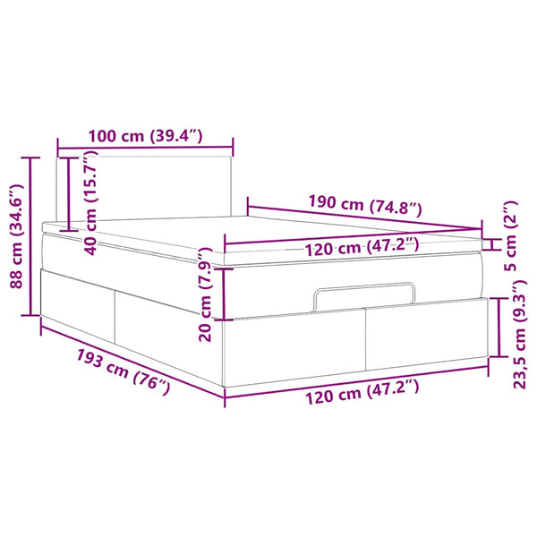 vidaXL Ottoman Bed with Mattress & LED Light Grey 120x190 cm Fabric