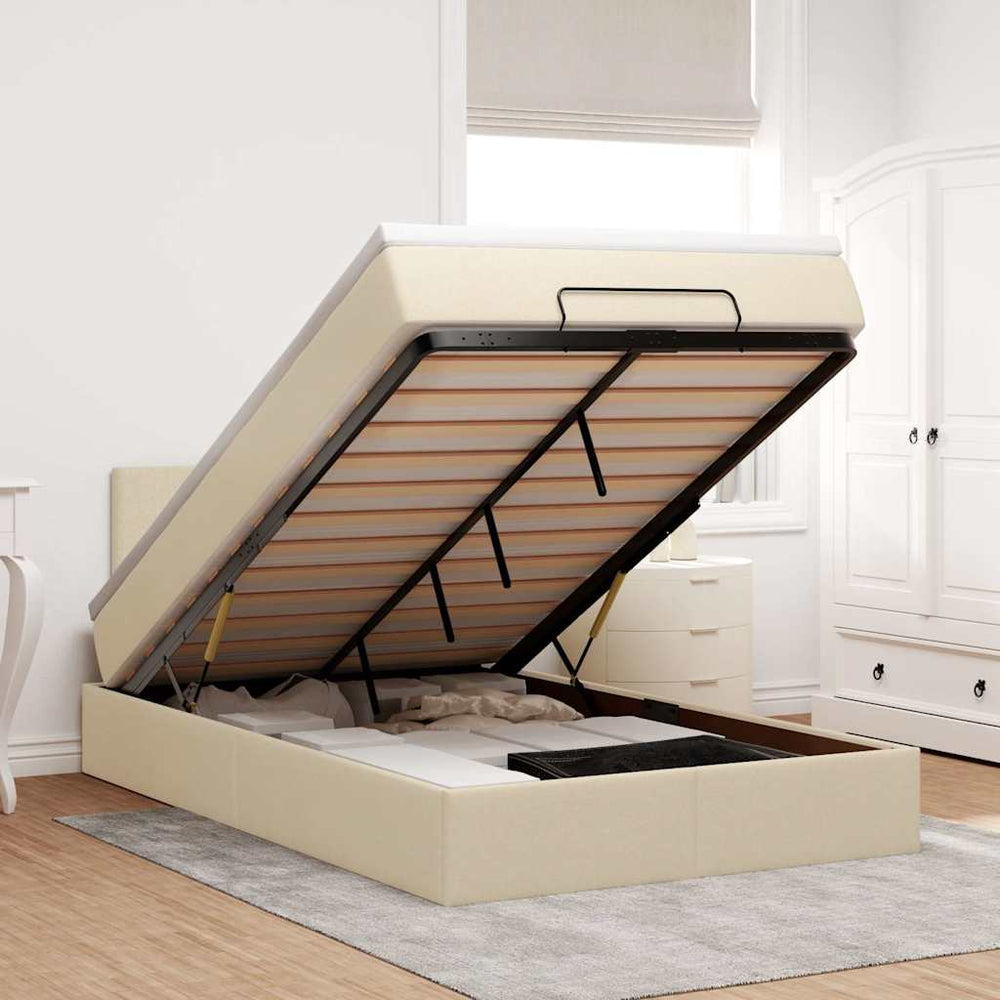 vidaXL Ottoman Bed with Mattress & LED Lights Cream 120x190 cm Fabric