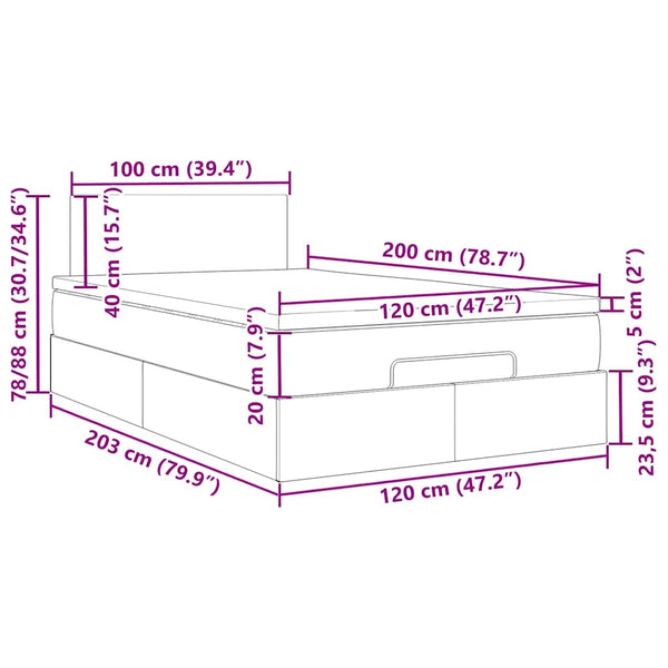 vidaXL Ottoman Bed with Mattress & LED Lights Cream 120x200 cm Fabric