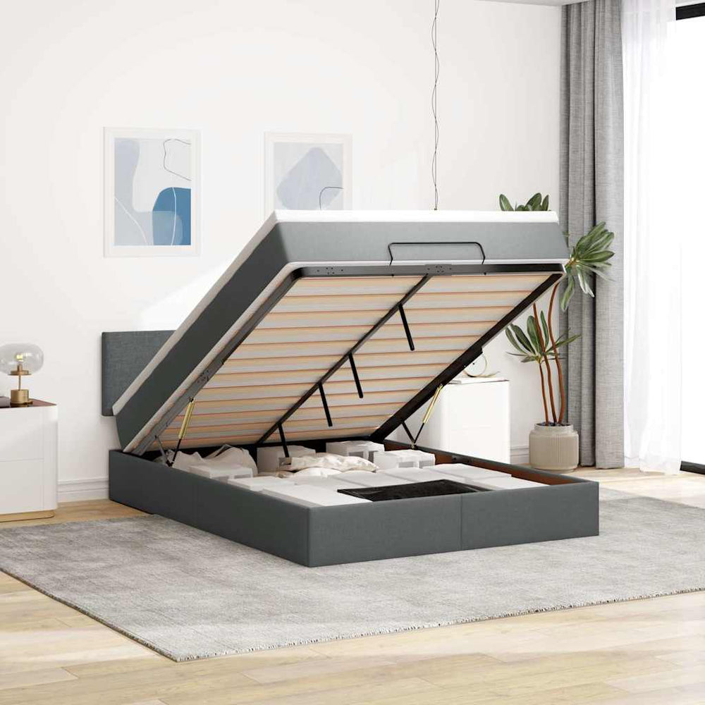 vidaXL Ottoman Bed with Mattress & LEDs Dark Grey 140x190 cm Fabric